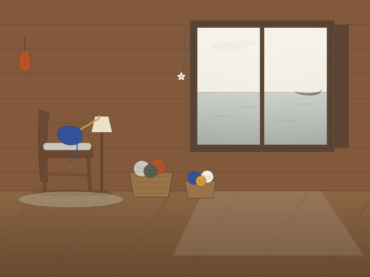 Inside the atelier, drawn: the chair by the window, a half-made cobalt piece with the hook resting on it, baskets of yarn, and the sea through the window