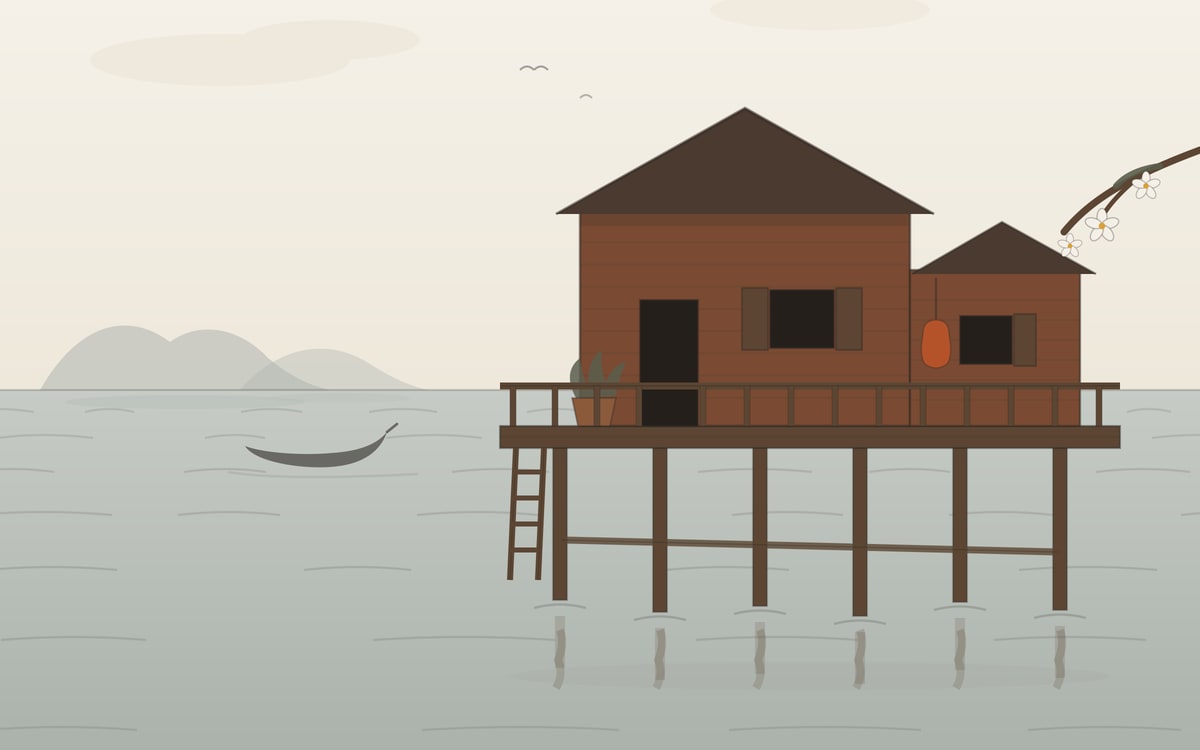 The teak house over the sea at Lanta Old Town, as the house draws it